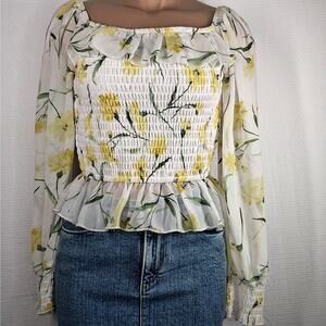 Love & Piece Collective Top Womens Large Smocked Ruffle Milkmaid Cottage Stretch